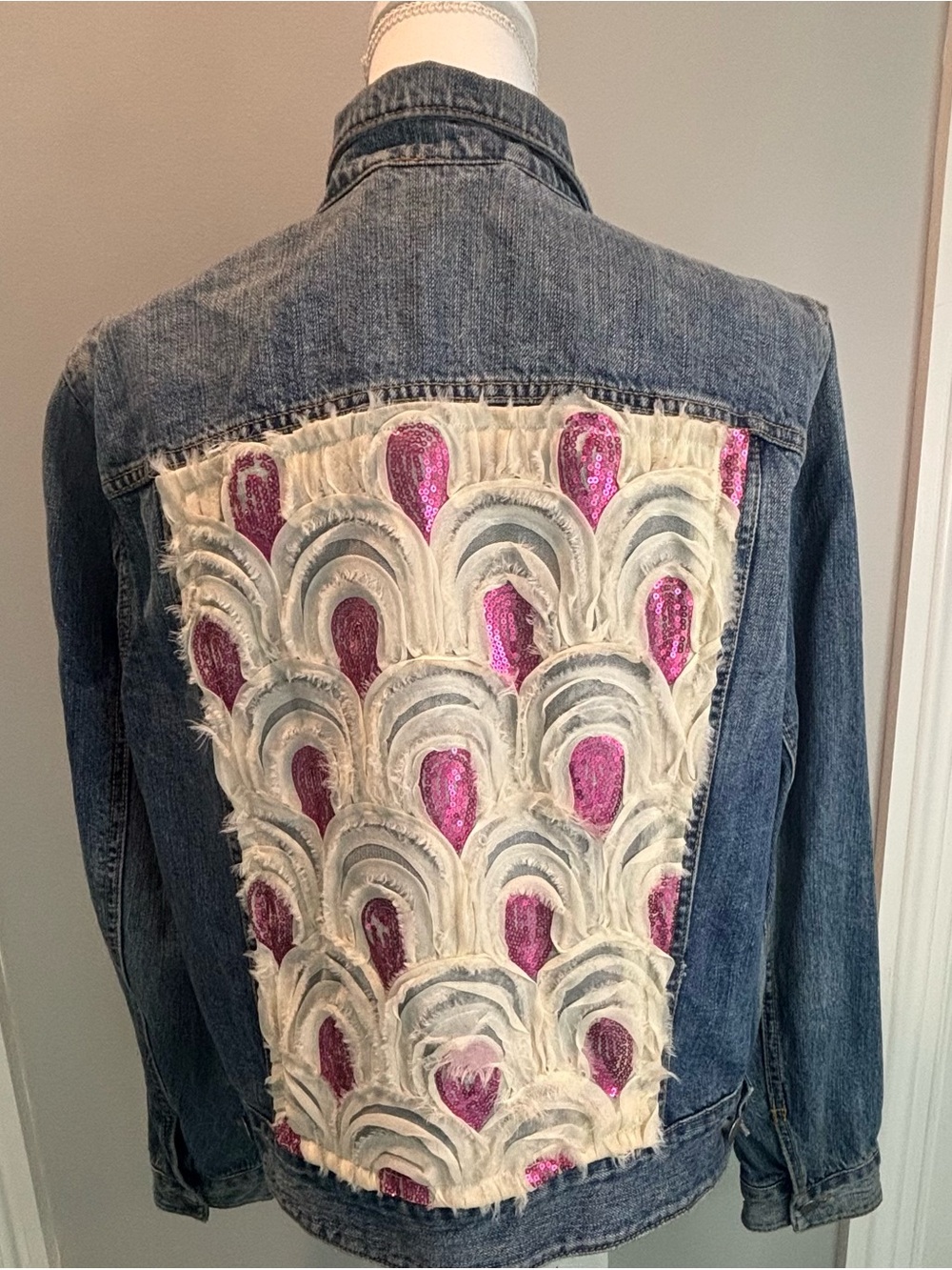 Classic Denim 1X Embellished Denim Jacket Pink Sequin Back Y2K